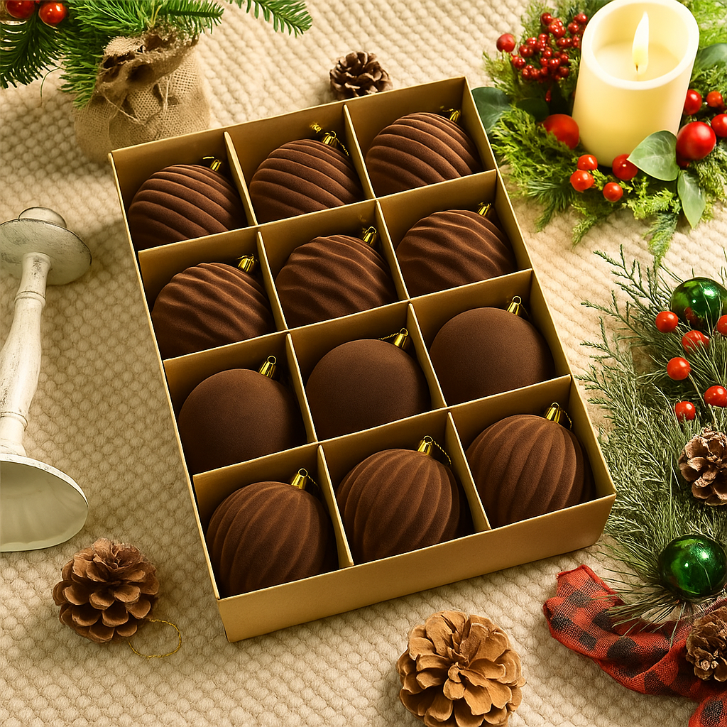 Fluwelen Kerstballen – Warm Bruin (12 stuks)