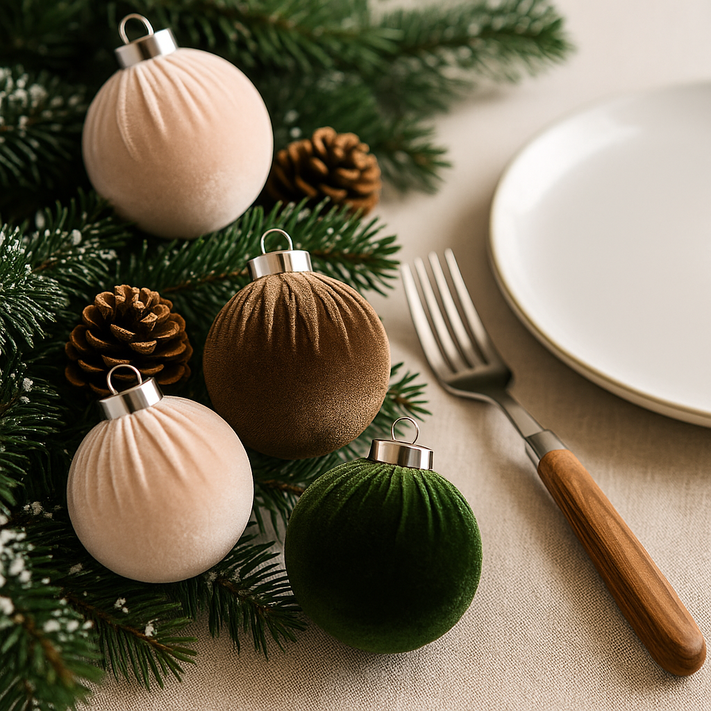 Fluwelen kerstballen set – groen, bruin & beige (12 stuks)