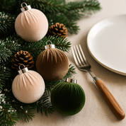 Fluwelen kerstballen set – groen, bruin & beige (12 stuks)