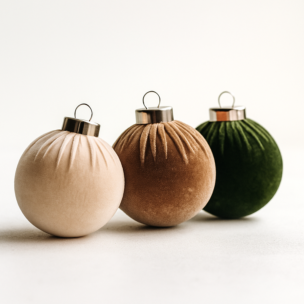Fluwelen kerstballen set – groen, bruin & beige (12 stuks)