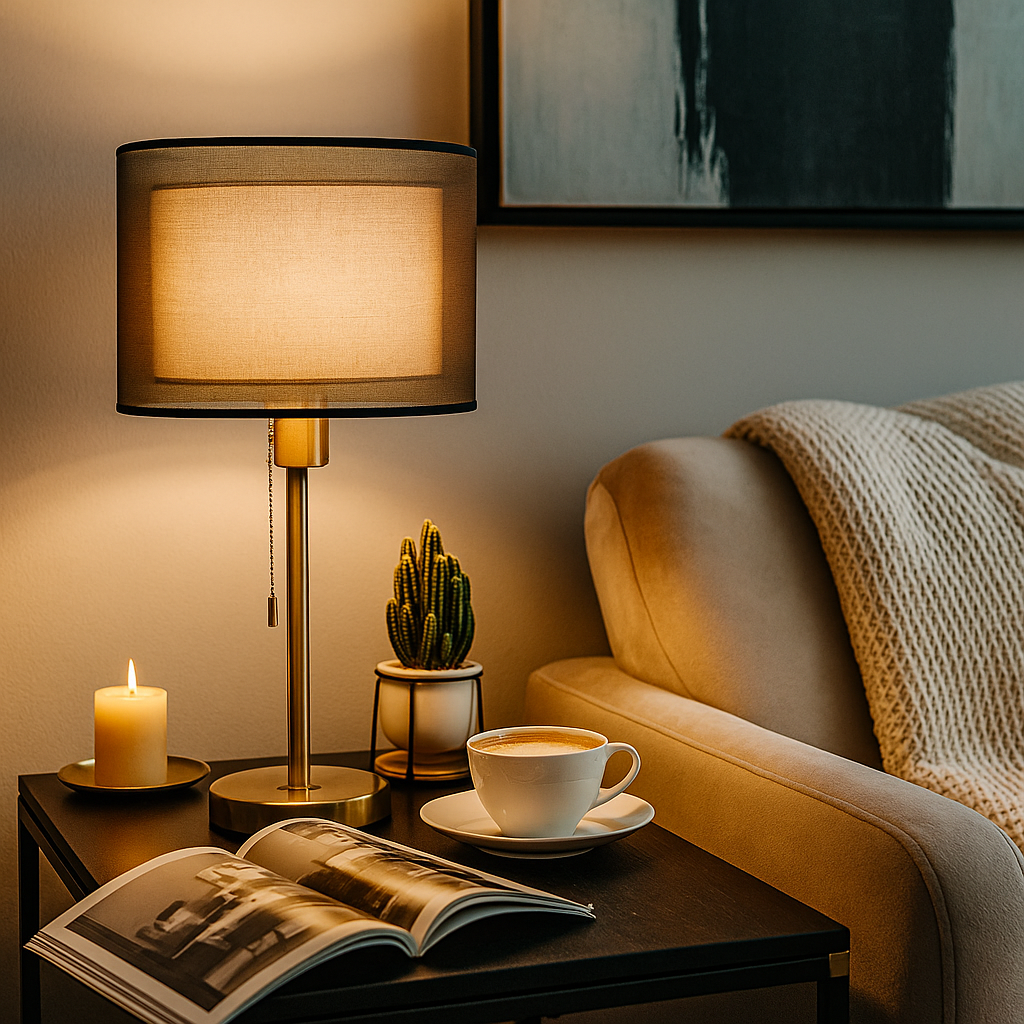 Tafellamp goud met stoffen kap – dimbaar in 3 standen