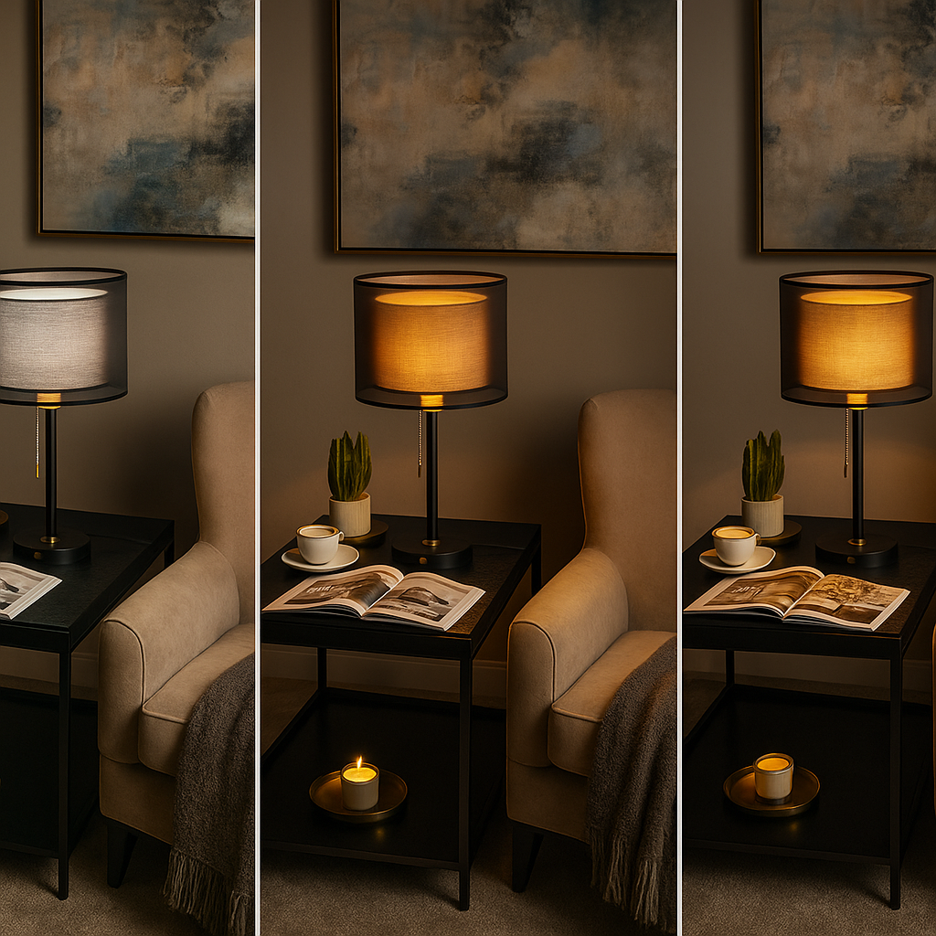 Tafellamp goud met stoffen kap – dimbaar in 3 standen